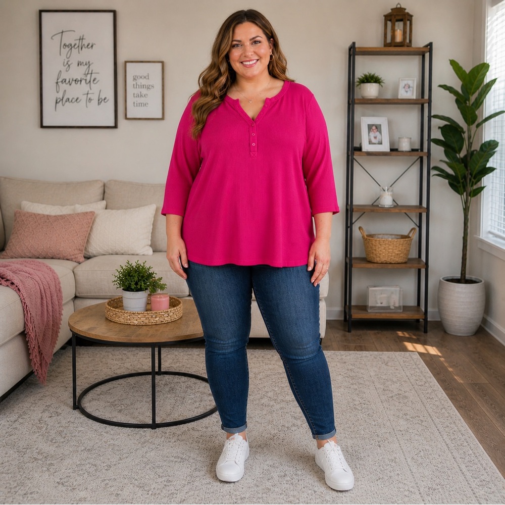 Torrid Pink Waffle Knit Henley Top Size 2 (2X) Cozy Tunic 3/4 Sleeve Plus Size